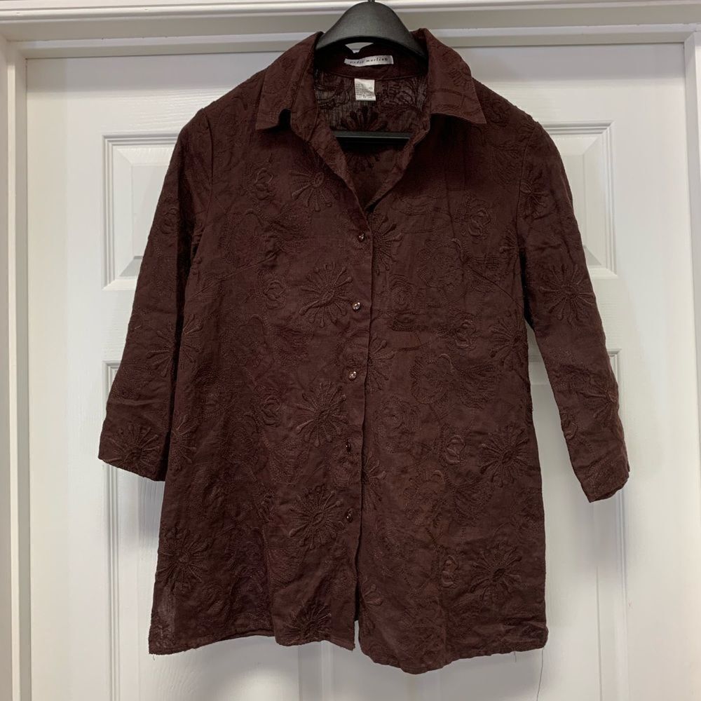 Peter Martin Brown Linen Embroidered Button Down Shirt L